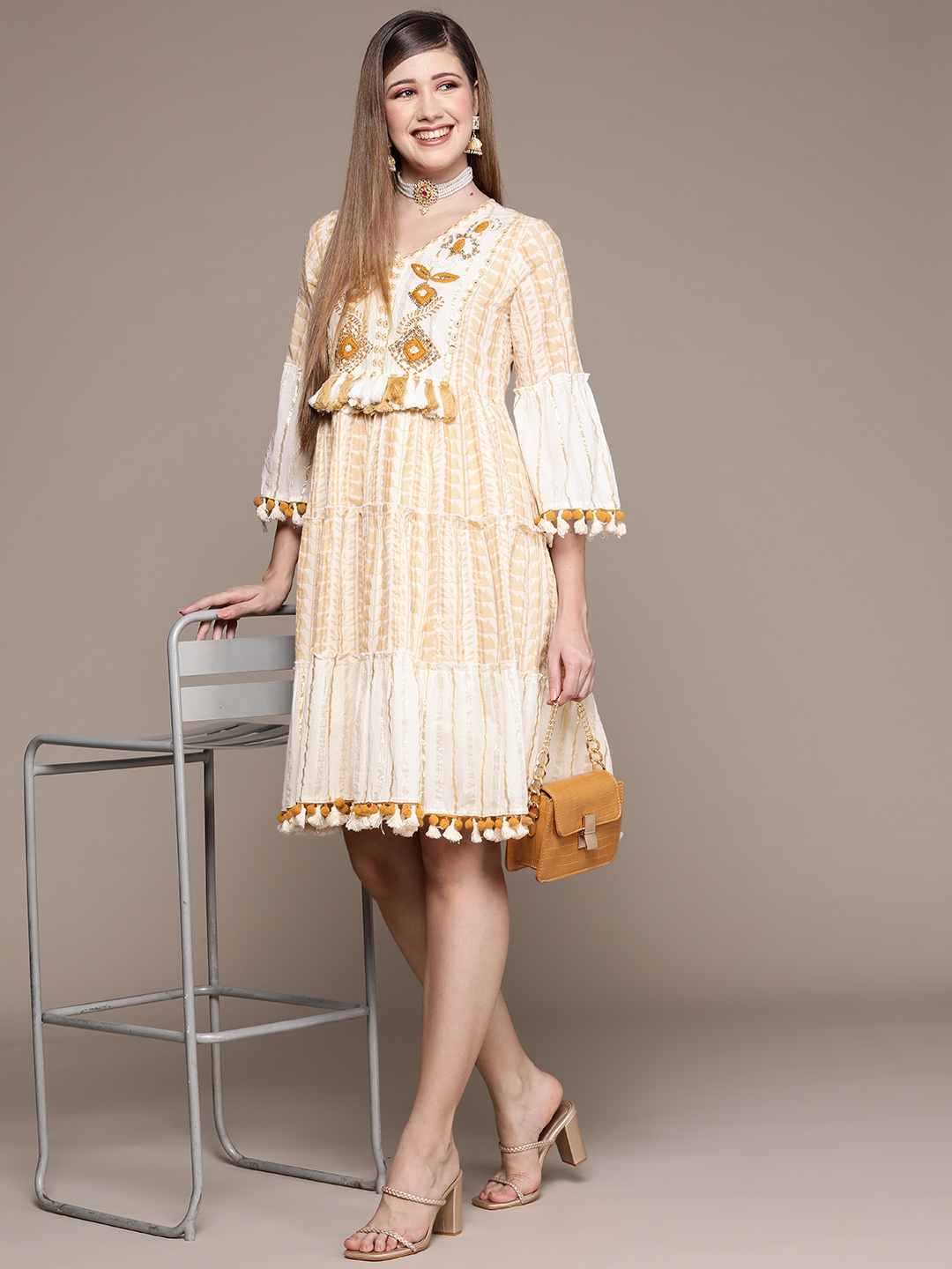 

Ishin Women Off White & Yellow Floral Embroidered Pure Cotton A-Line Dress