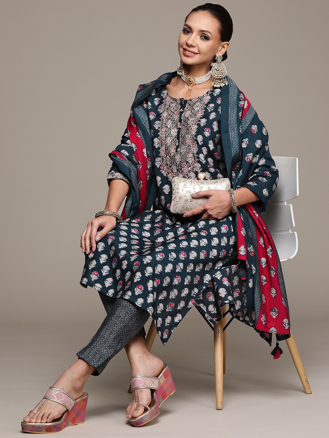 

Ishin Women Teal Yoke Design Kurta with Trousers & With Dupatta