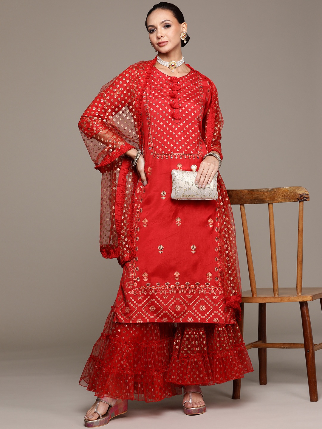 

Ishin Women Red Floral Sequinned Kurta with Sharara & With Dupatta