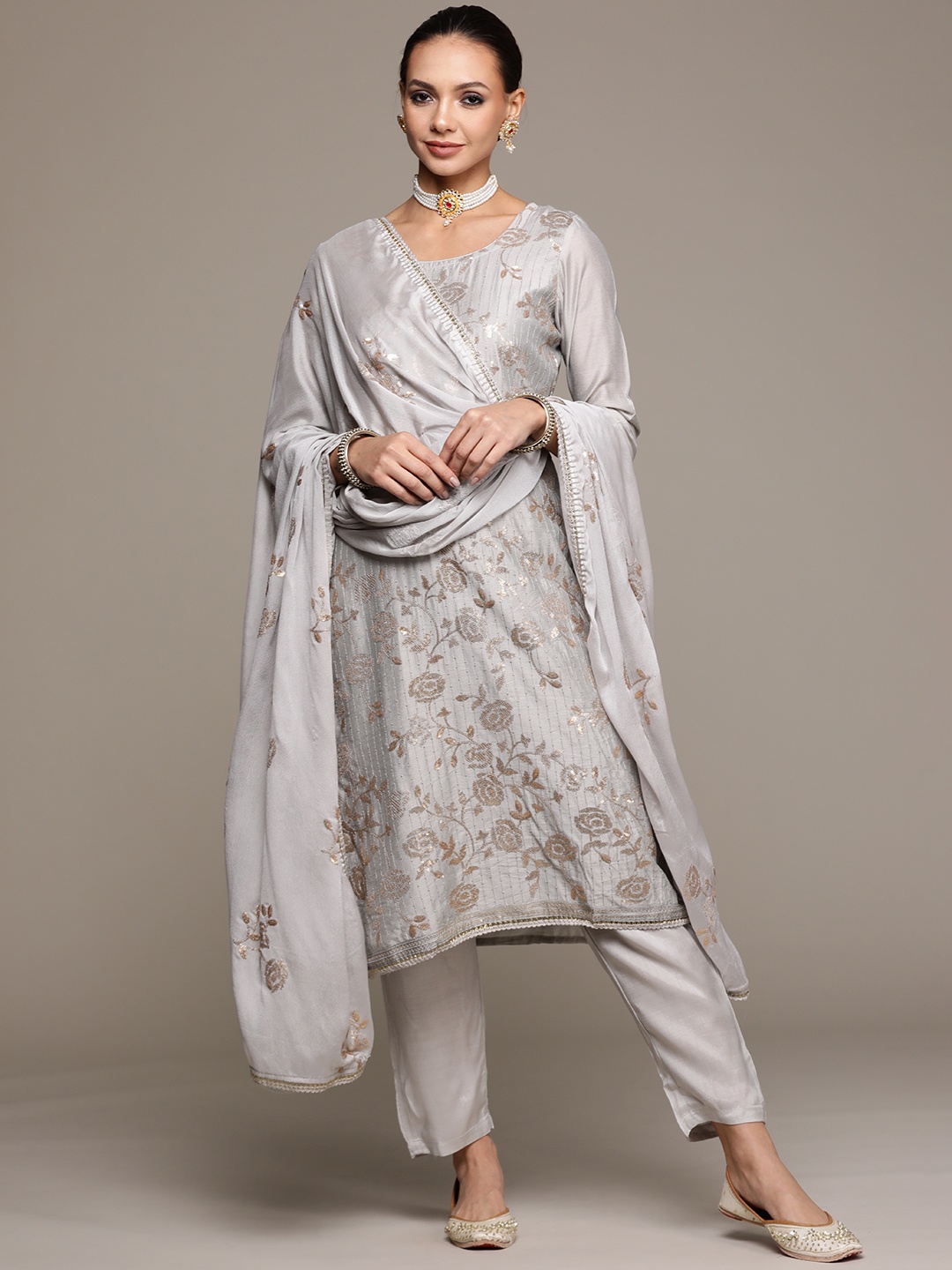 

Ishin Women Grey Sequinned Kurta with Trousers & With Dupatta