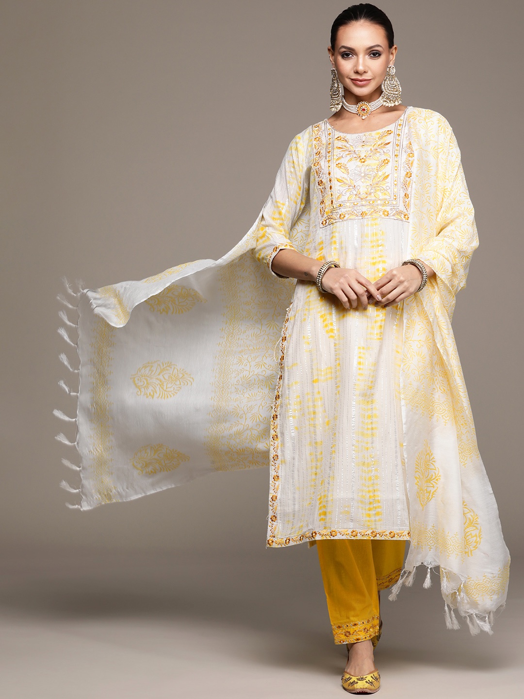 

Ishin Women Off White Floral Yoke Design Pure Cotton Kurta with Trousers & With Dupatta