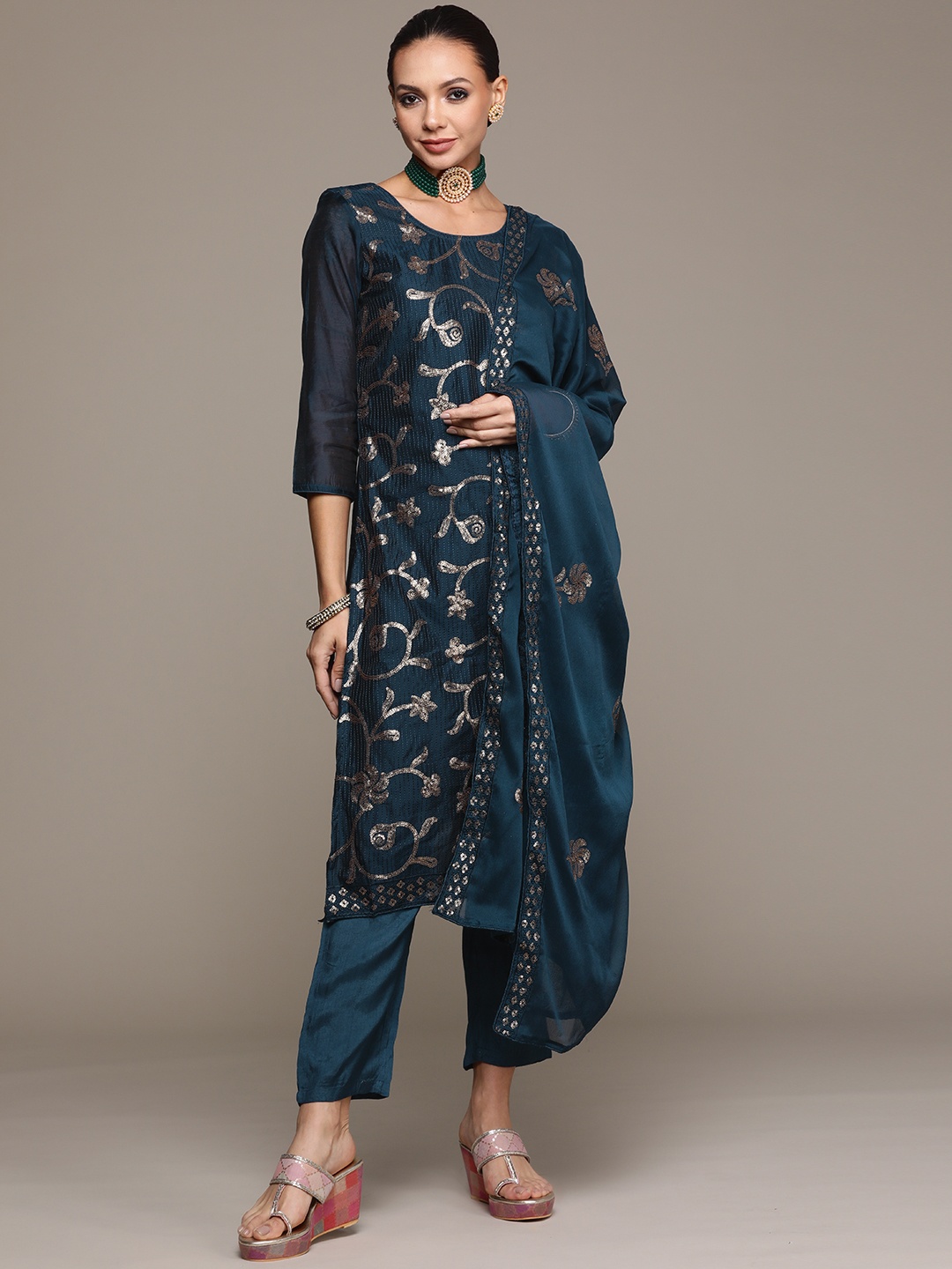 

Ishin Women Teal Floral Sequinned Chanderi Silk Kurta with Trousers & With Dupatta