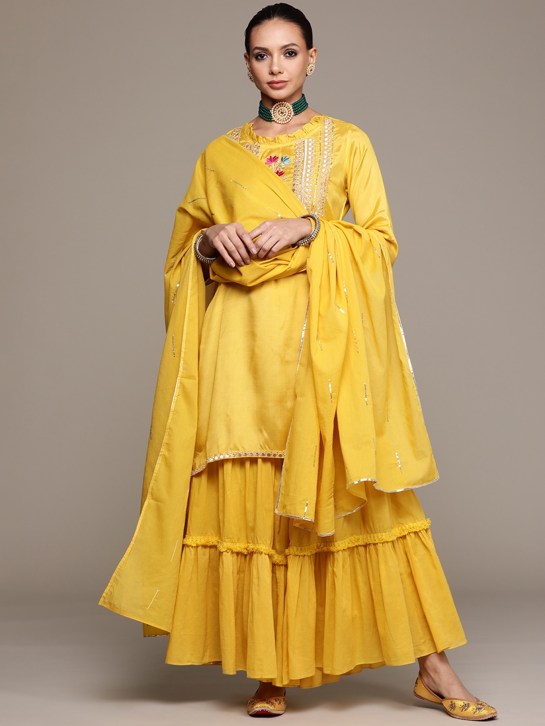

Ishin Women Yellow Floral Embroidered Kurta with Sharara & With Dupatta