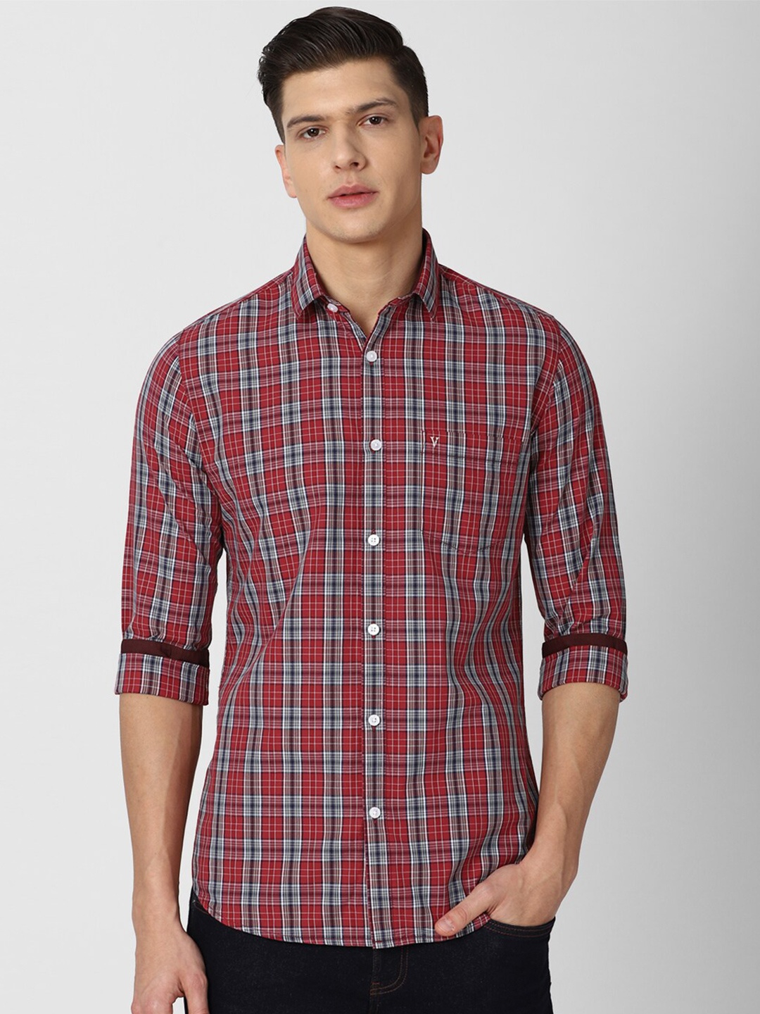 

Van Heusen Sport Men Maroon & Grey Slim Fit Tartan Checked Pure Cotton Casual Shirt