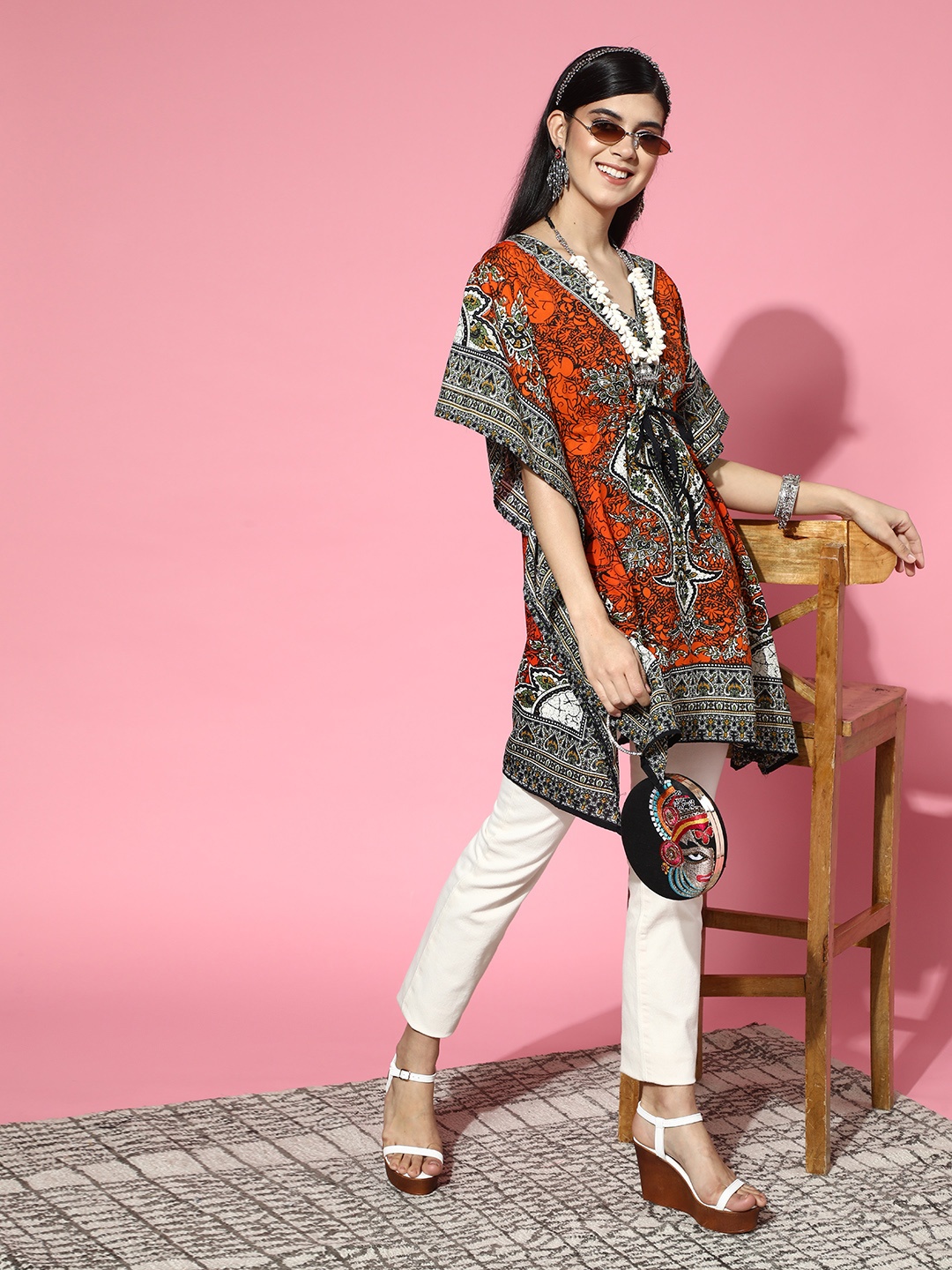

Rang Gali Women Bright Orange Tribal New Age Kaftan Top