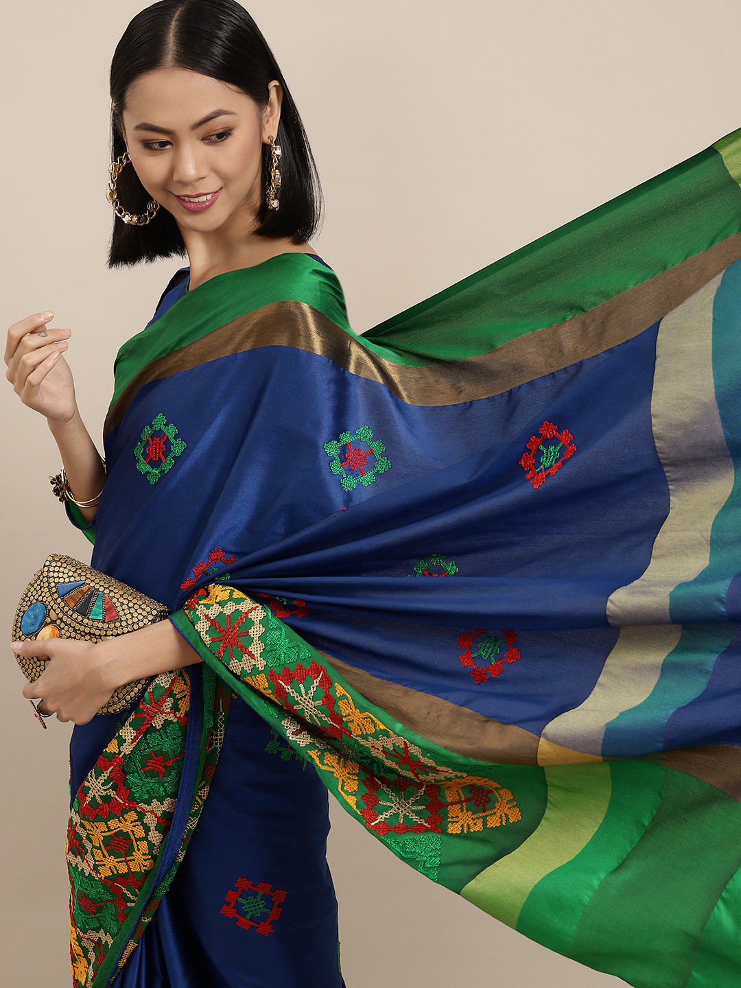 

Mitera Blue & Green Embellished Kutchi Embroidery Saree