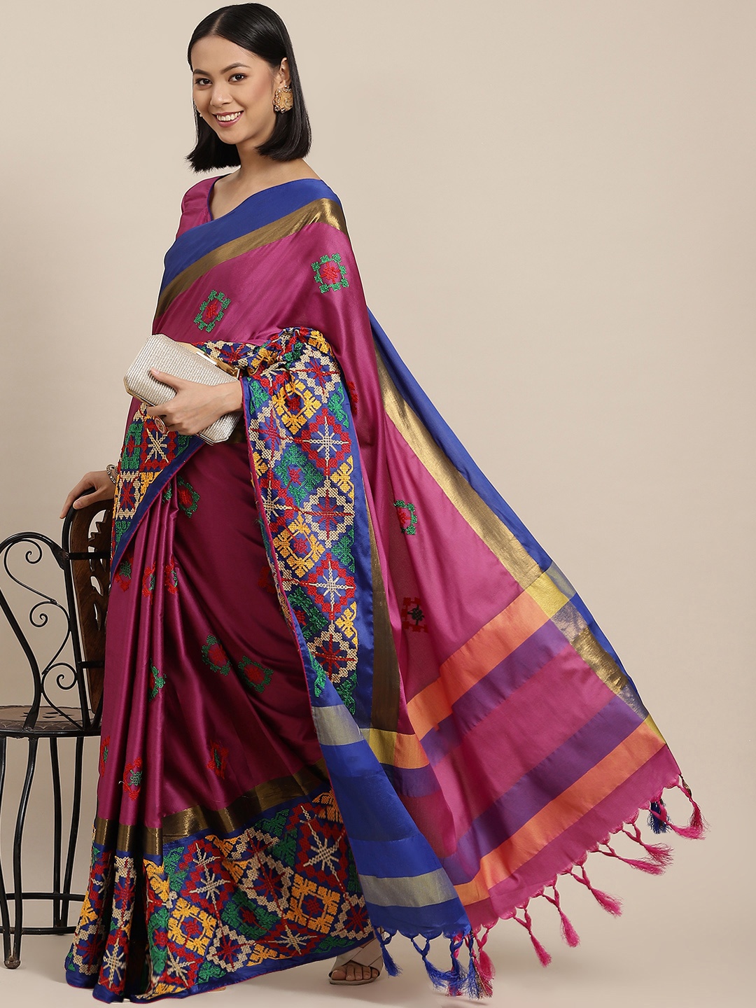 

Mitera Pink & Blue Embellished Kutchi Embroidery Saree