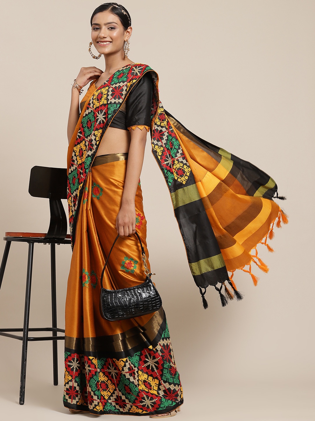 

Mitera Women Mustard Yelloe & Black Embellished Kutchi Embroidery Silk Cotton Saree