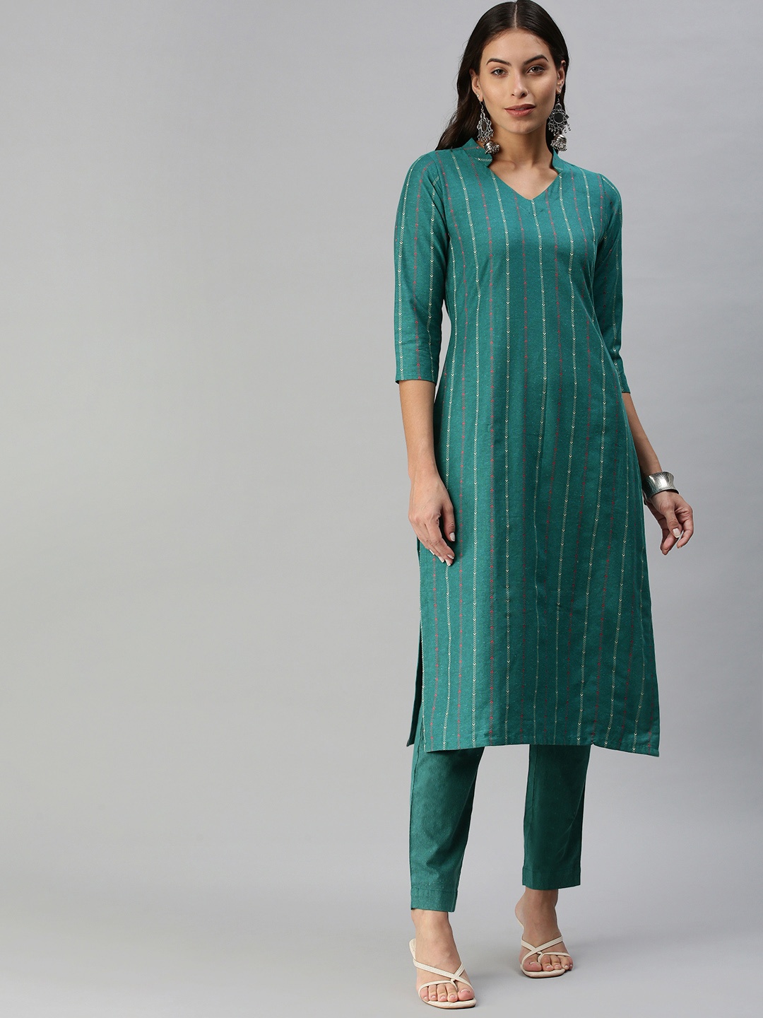 

KALINI Women Teal Green Pure Cotton Geometric Woven Design Kurta with Trousers