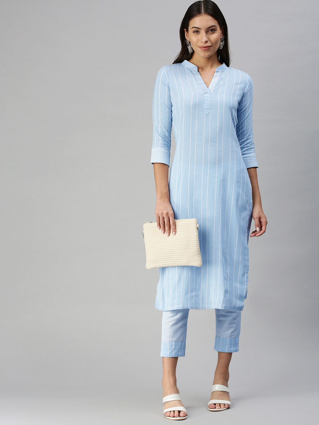 

KALINI Women Blue Pure Cotton Self Striped Kurta with Trousers
