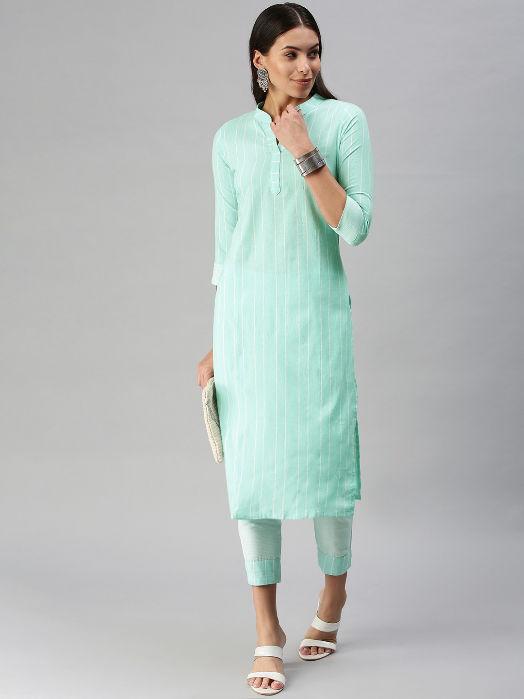 

KALINI Women Turquoise Blue Pure Cotton Self Striped Kurta with Trousers