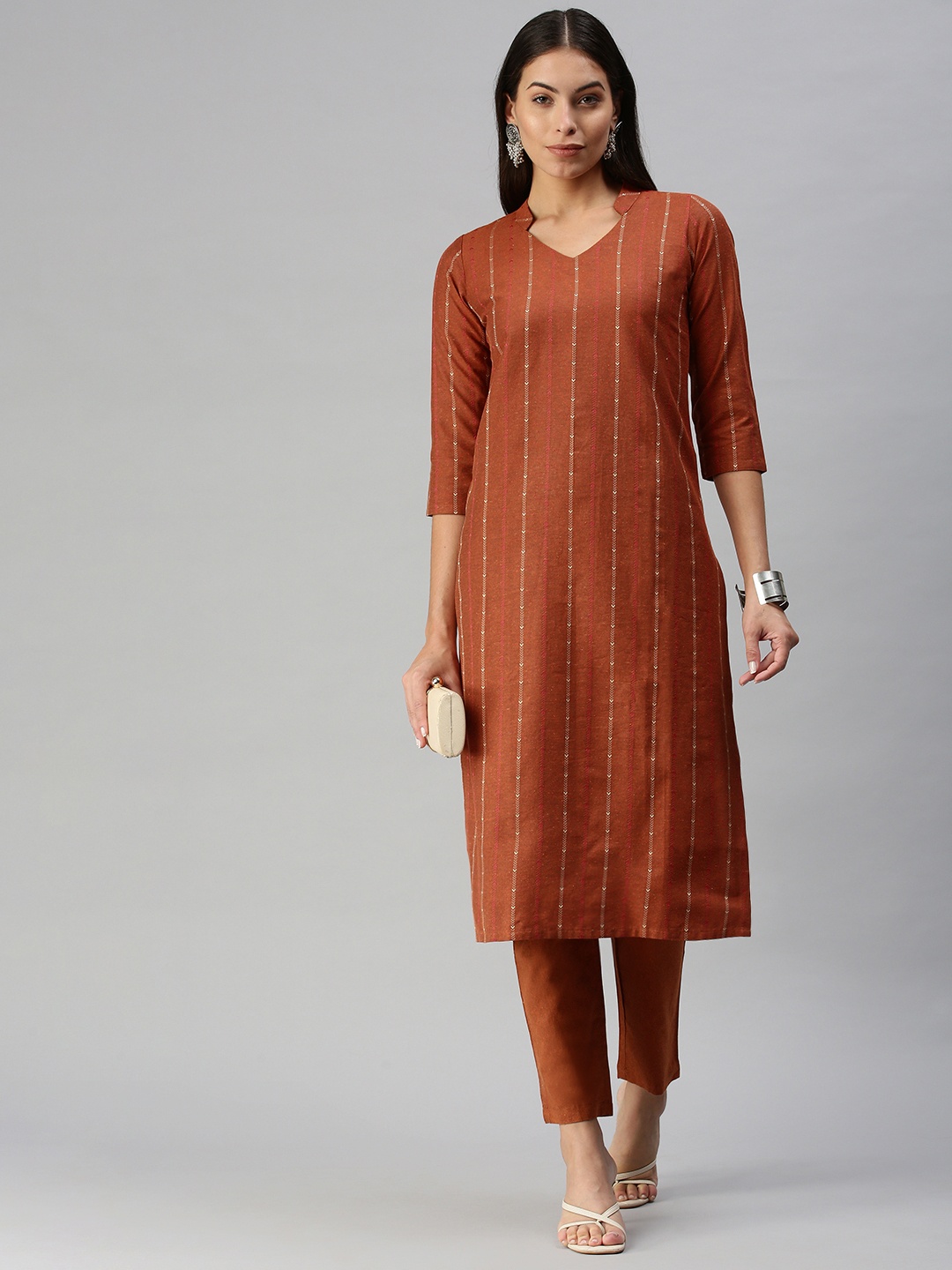 

KALINI Women Rust Red Pure Cotton Geometric Woven Design Kurta with Trousers