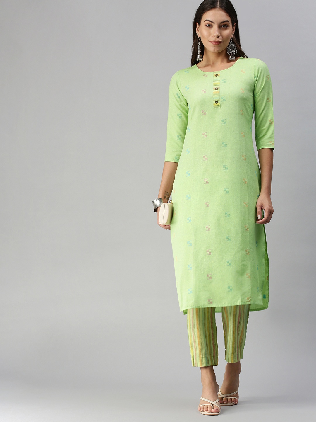 

KALINI Women Green Pure Cotton Geometric Woven Design Kurta with Trousers