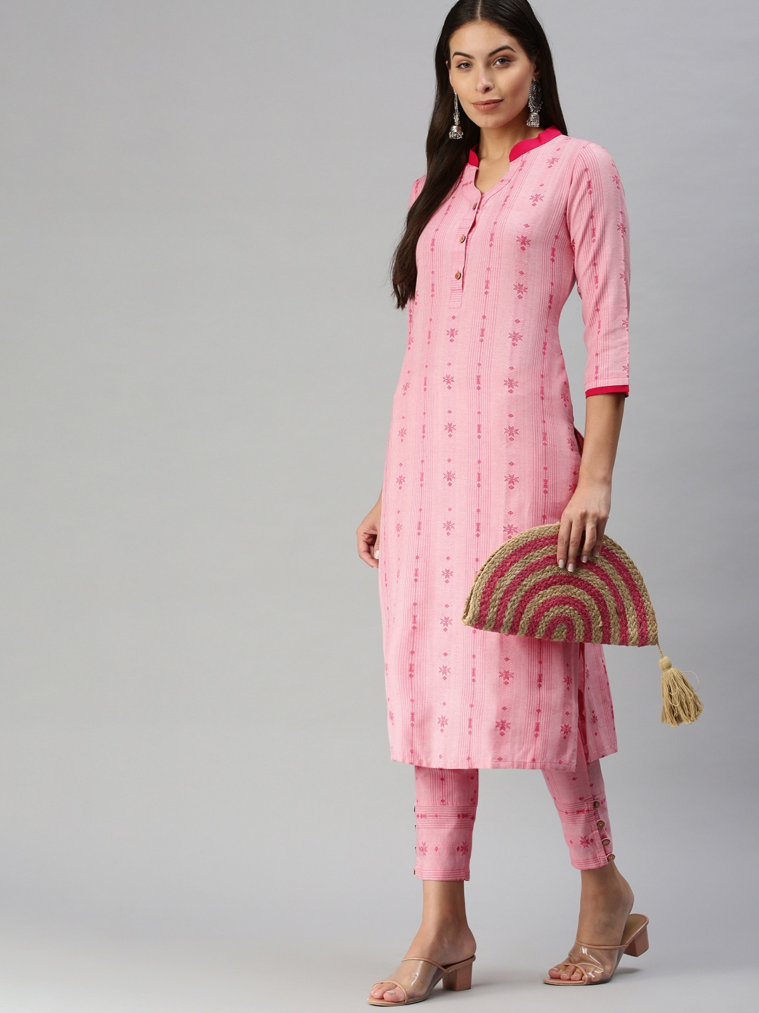 

KALINI Women Pink Pure Cotton Geometric Woven Design Kurta with Trousers