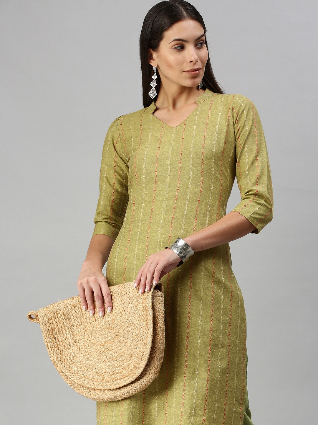 

KALINI Women Olive Green Pure Cotton Kurta with Trousers