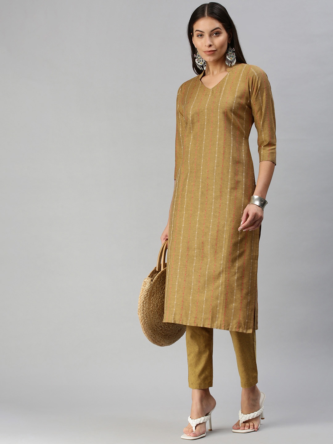 

KALINI Women Mustard Yellow Pure Cotton Geometric Woven Design Kurta with Trousers