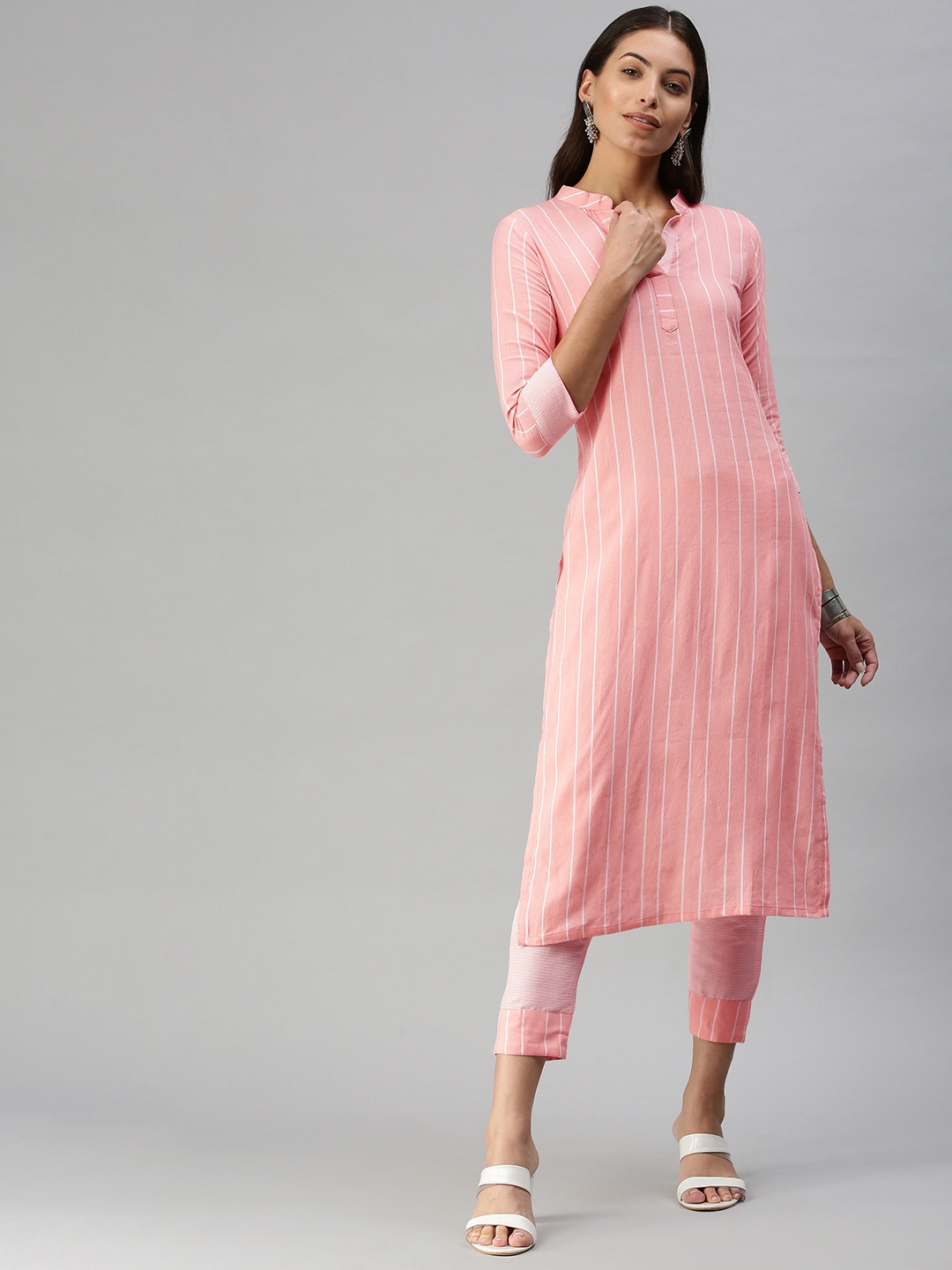 

KALINI Women Peach-Coloured Pure Cotton Self Striped Kurta with Trousers
