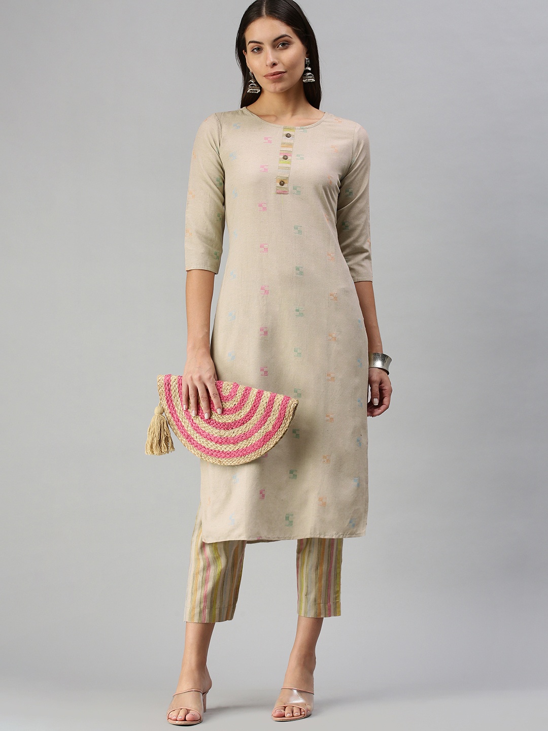 

KALINI Women Beige Pure Cotton Kurta with Trousers