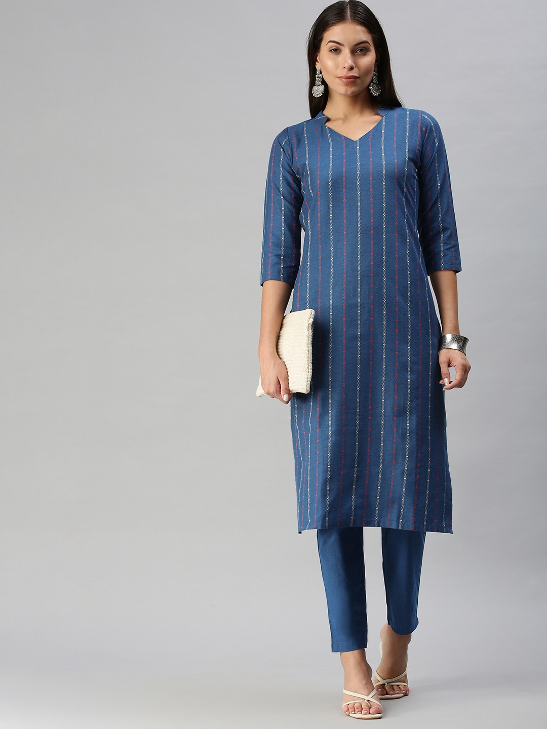 

KALINI Women Blue Pure Cotton Geometric Woven Design Kurta with Trousers