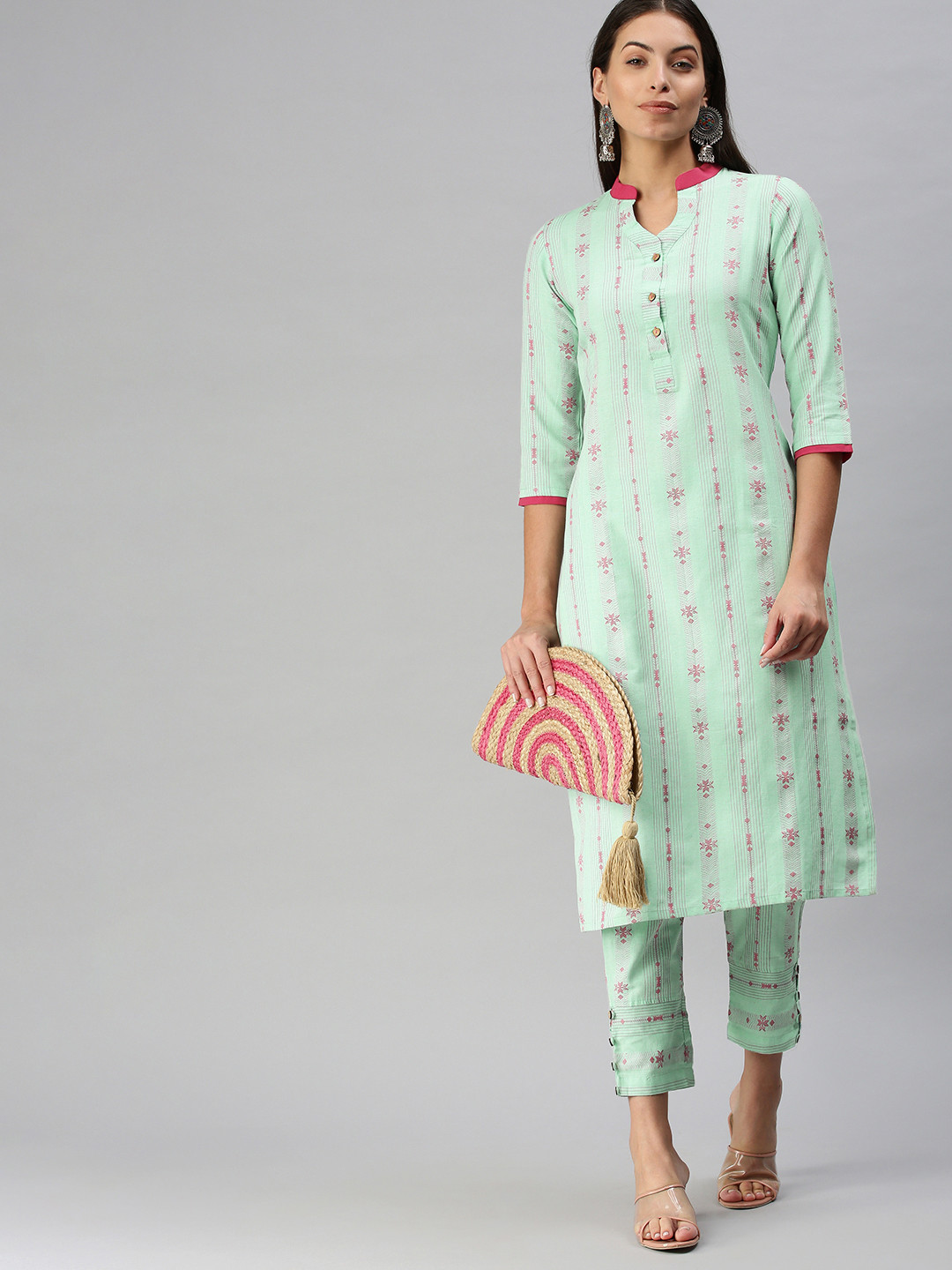 

KALINI Women Turquoise Blue Pure Geometric Woven Design Kurta with Trousers