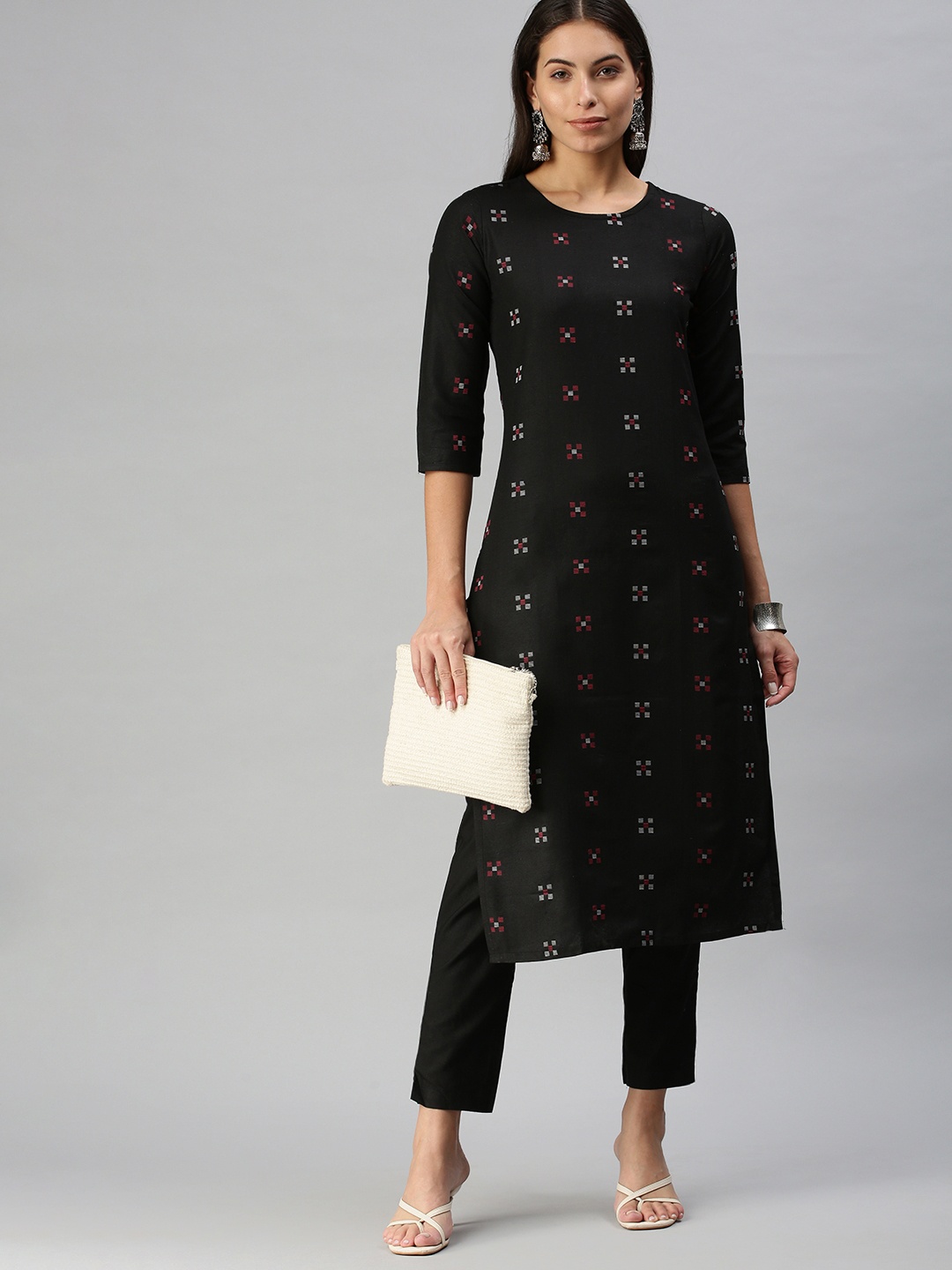 

KALINI Women Black Pure Cotton Geometric Woven Design Kurta with Trousers