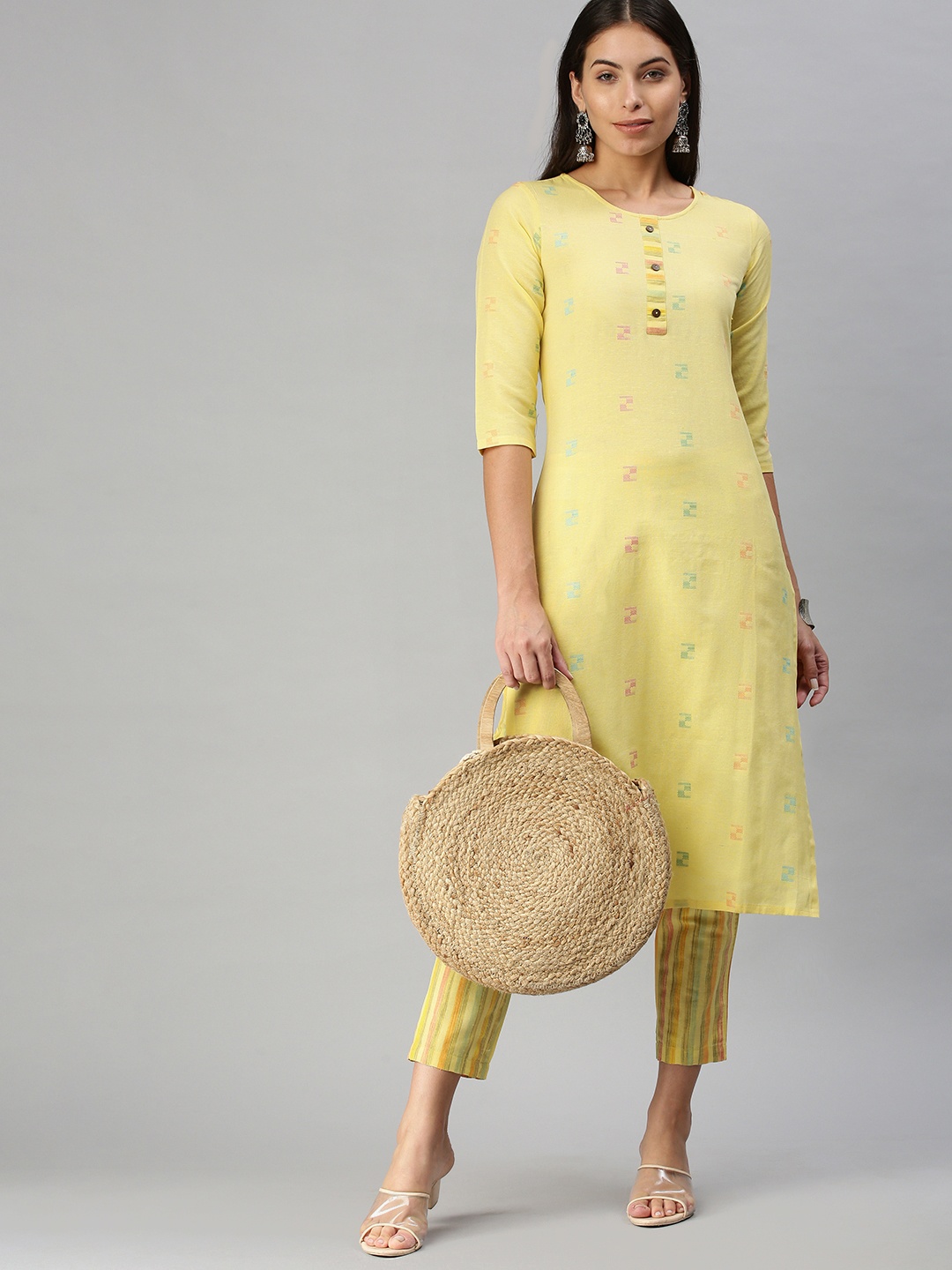 

KALINI Women Yellow Pure Cotton Kurta with Trousers