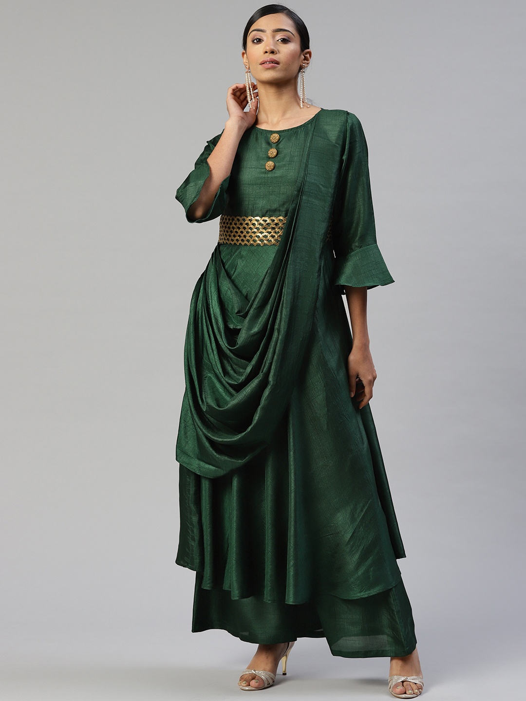 

Cottinfab Women Green Ethnic Motifs Panelled Gotta Patti Kurta with Palazzos