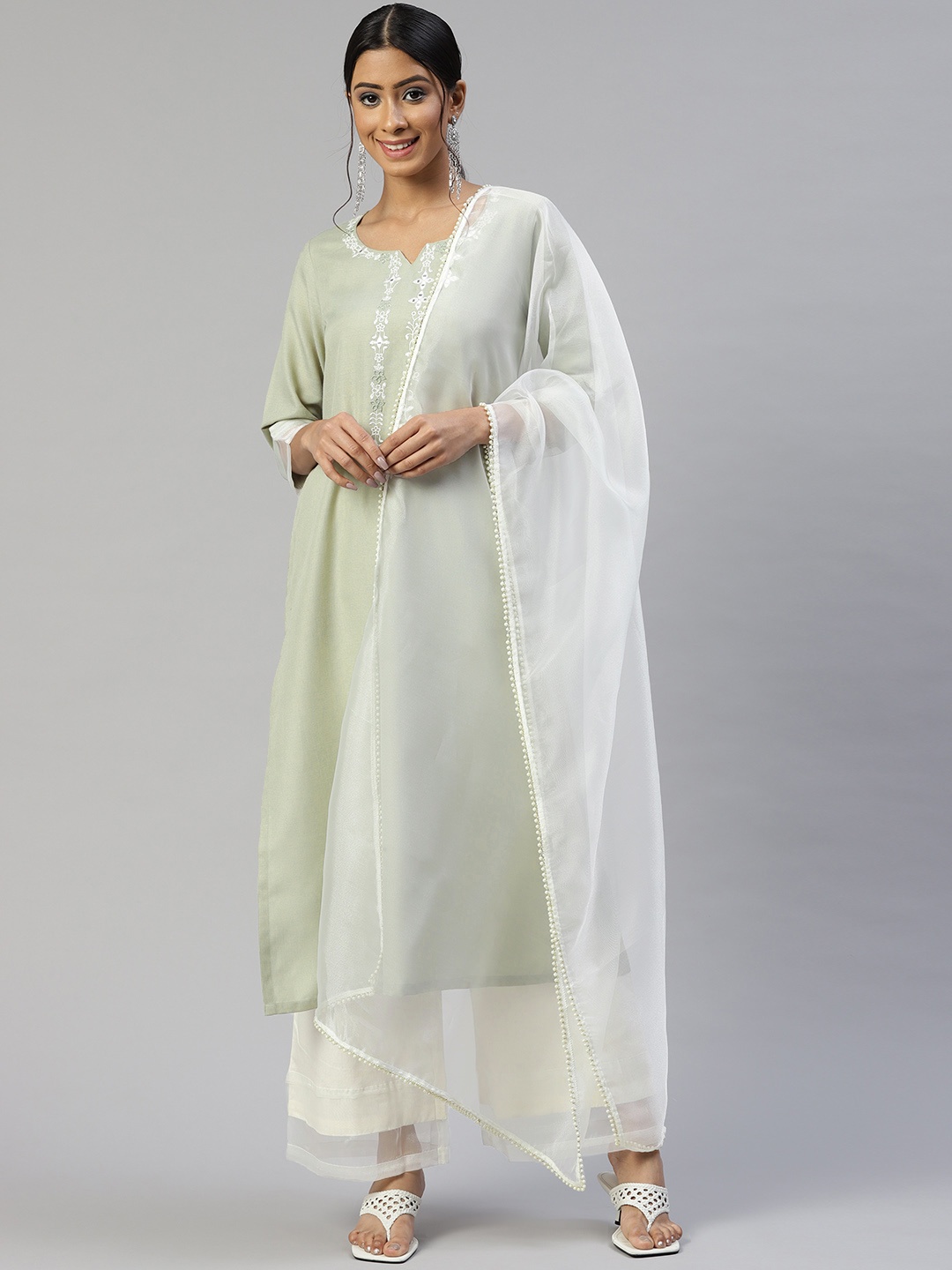 

Cottinfab Women Green Ethnic Motifs Embroidered Kurta with Palazzos & With Dupatta