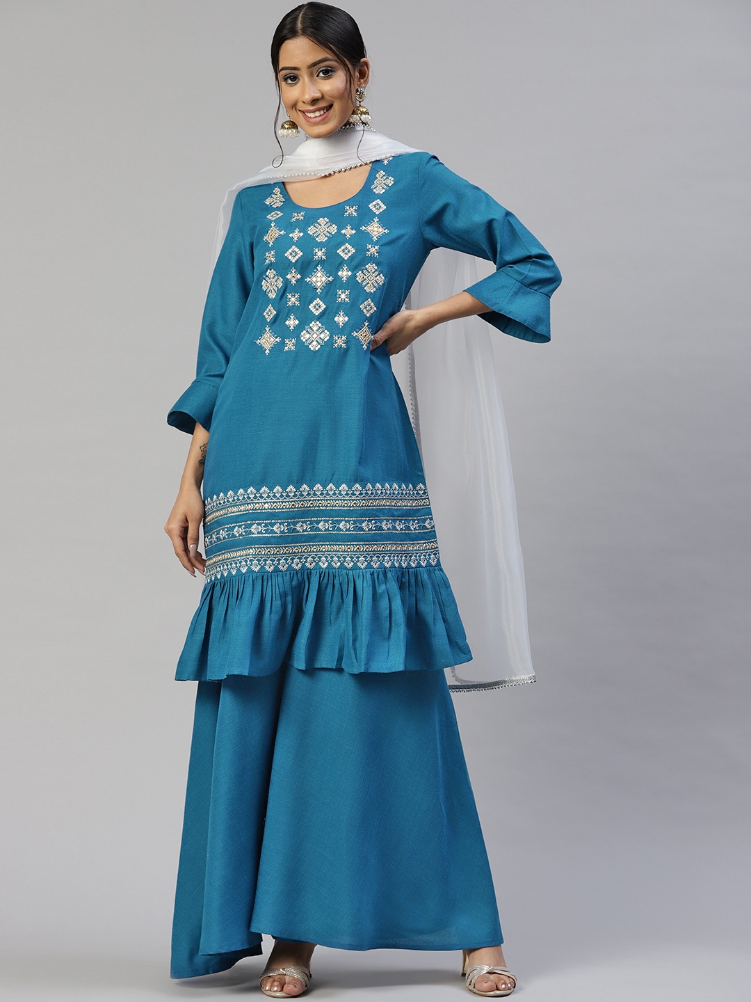 

Cottinfab Women Blue Ethnic Motifs Embroidered Kurta with Sharara & With Dupatta