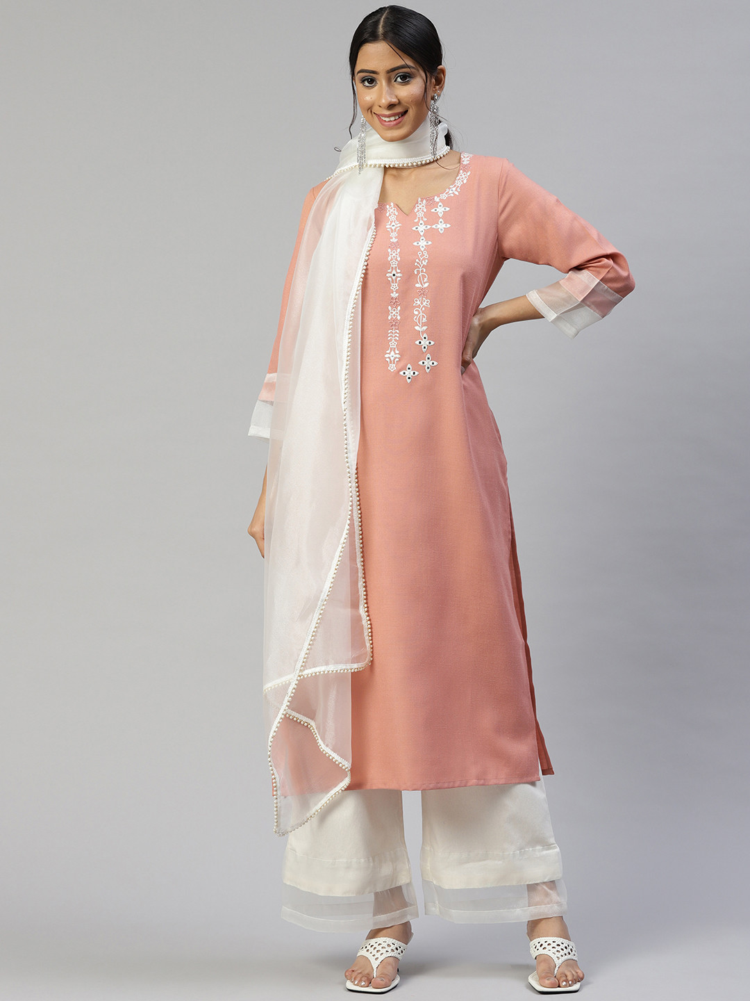 

Cottinfab Women Peach-Coloured Ethnic Motifs Embroidered Kurta with Palazzos & With Dupatta