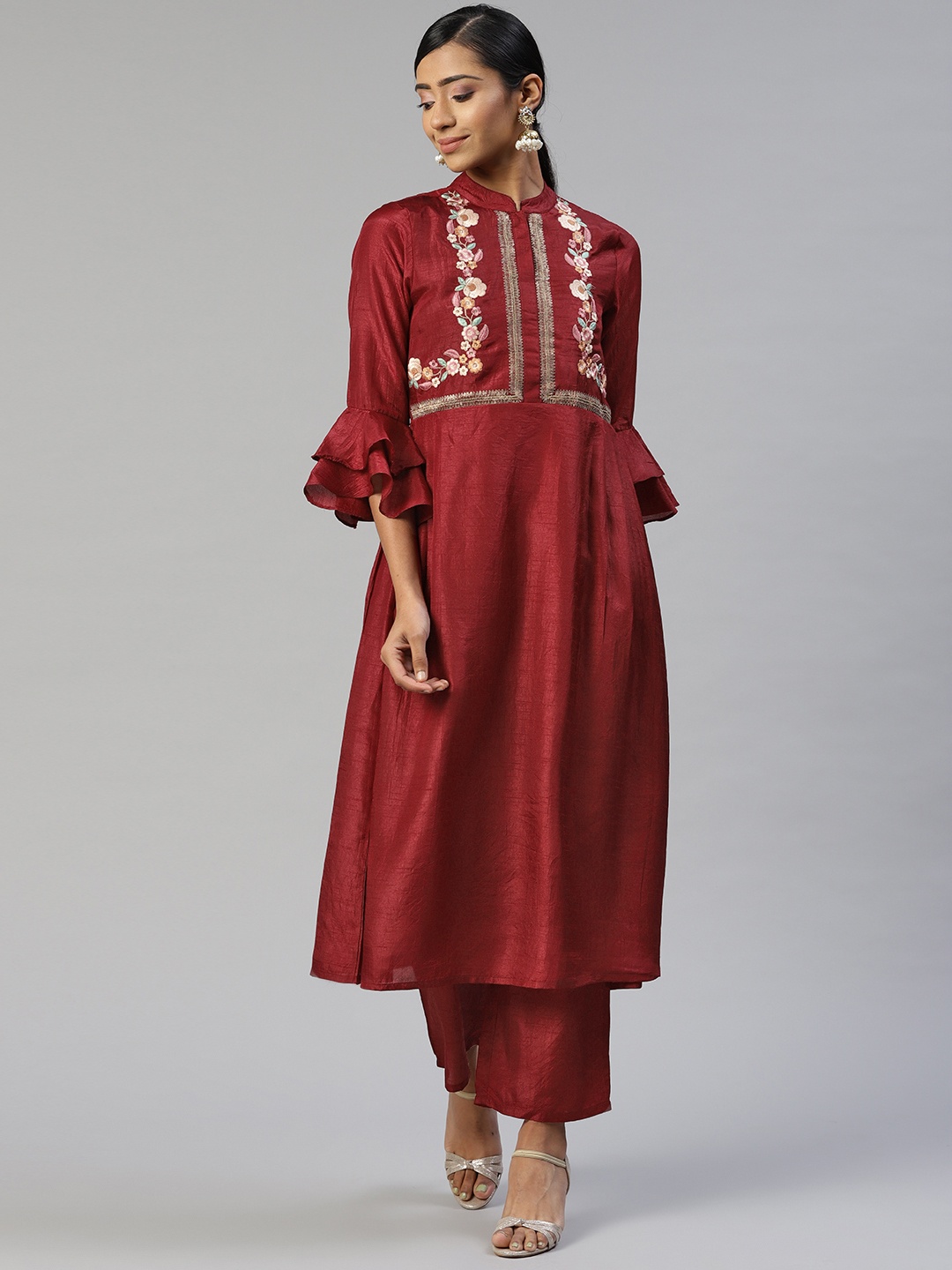 

Cottinfab Women Maroon Ethnic Motifs Embroidered Pleated Kurta with Palazzos