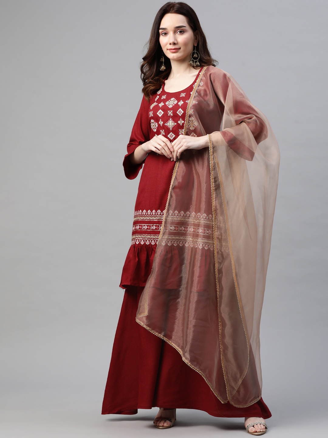 

Cottinfab Women Maroon Ethnic Motifs Embroidered Patchwork Kurta with Sharara