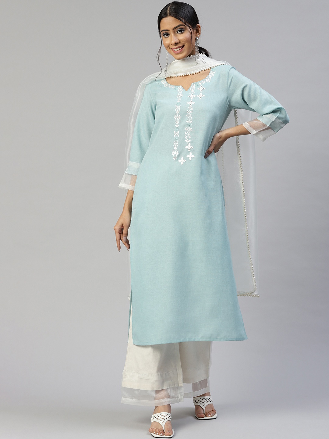

Cottinfab Women Blue Ethnic Motifs Embroidered Kurta with Palazzos & With Dupatta