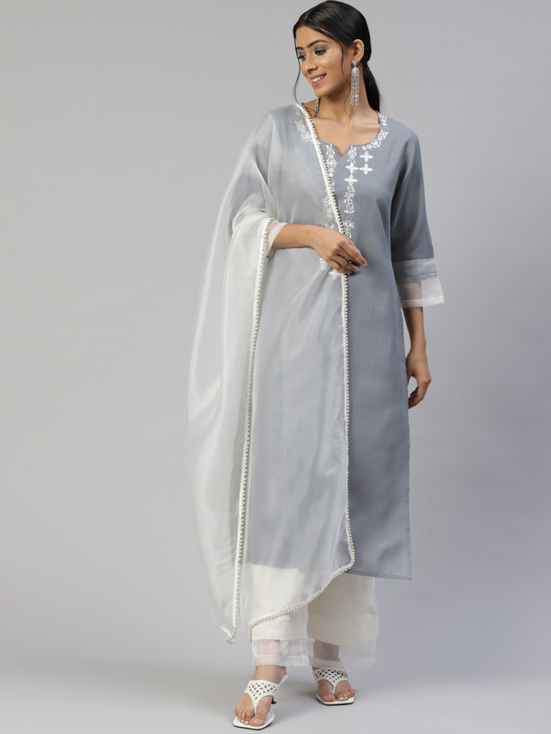 

Cottinfab Women Grey Ethnic Motifs Embroidered Kurta with Palazzos & With Dupatta