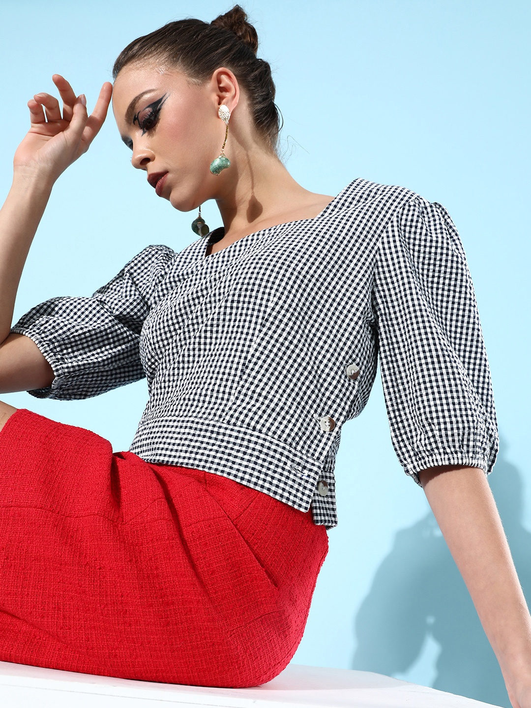 

The Vanca Women Stylish Black Checked Summer Gingham Top