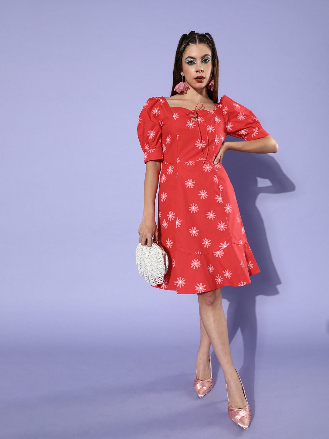 

The Vanca Women Bright Orange Floral New Neckline Dress