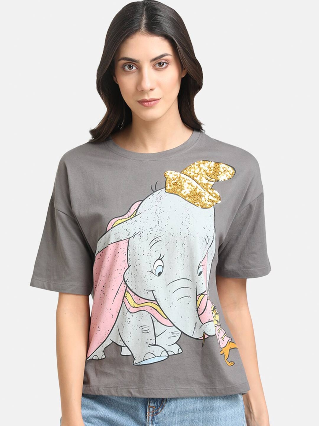 

Kazo Women Grey Cotton Dumbo Printed Extended Sleeves Loose T-shirt