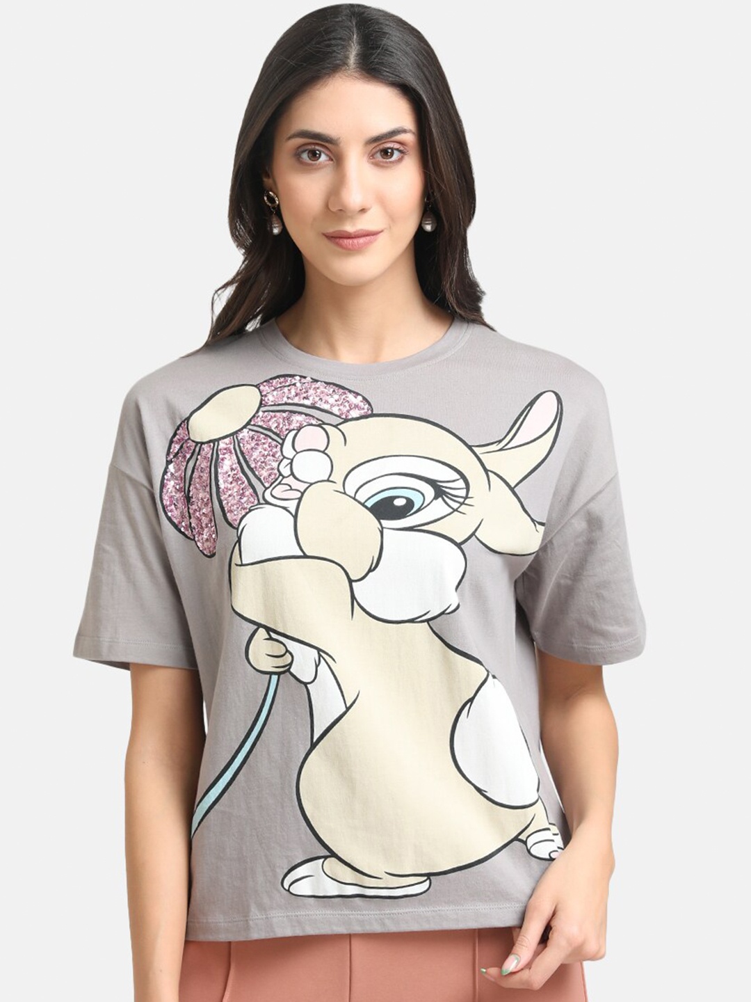 

Kazo Women Grey & Yellow Bambi Printed Sequenced Pure Cotton Loose T-shirt