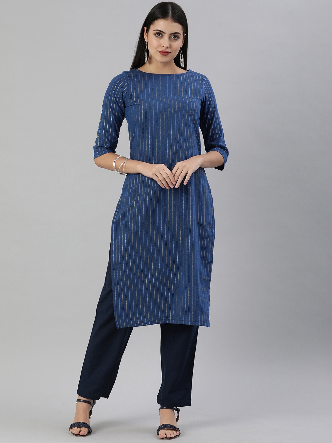 

KALINI Women Navy Blue & Beige Striped Straight Kurta