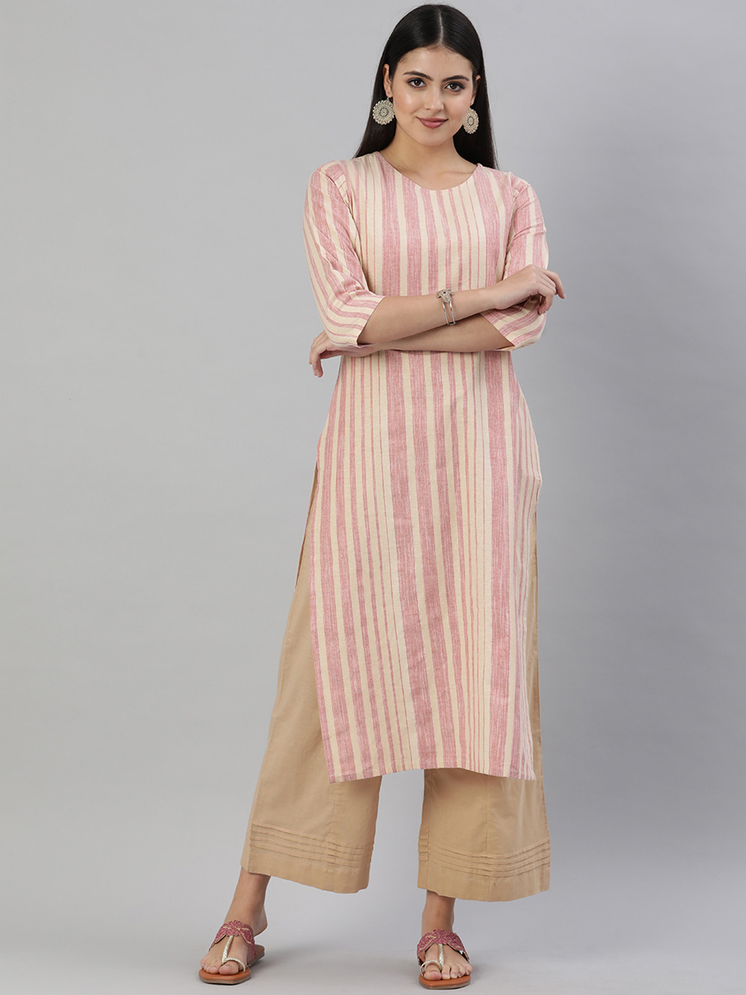 

KALINI Women Pink & Cream-Coloured Striped Kurta