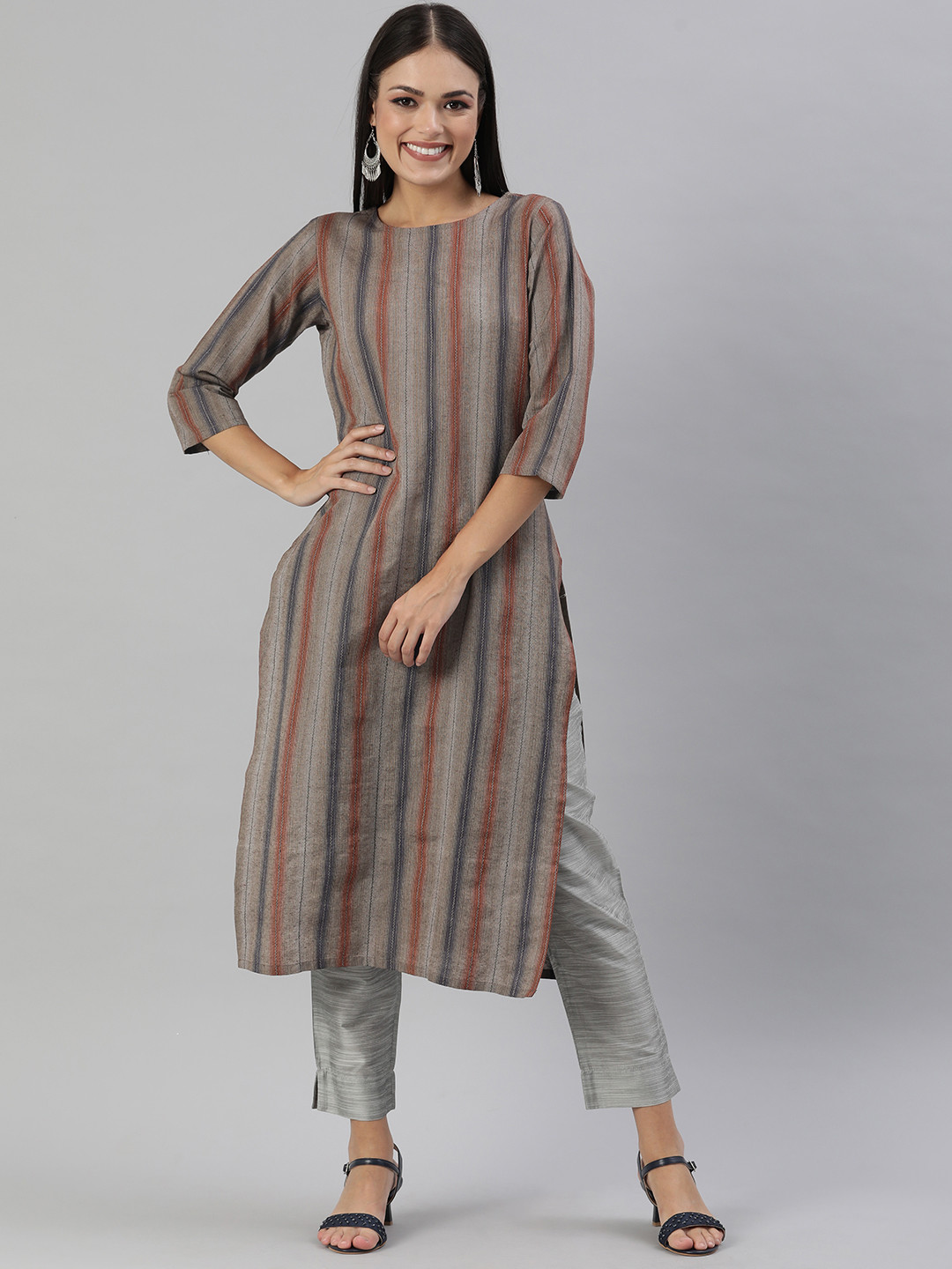 

KALINI Women Rust Orange & Blue Striped Straight Kurta