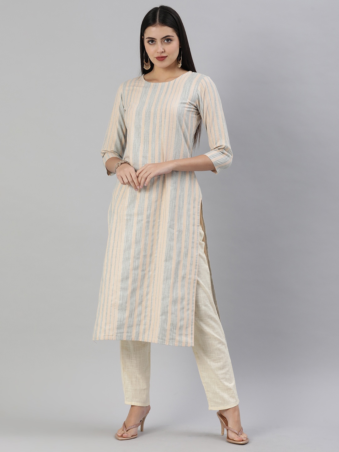 

KALINI Women Grey Melange & Cream-Coloured Striped Straight Kurta