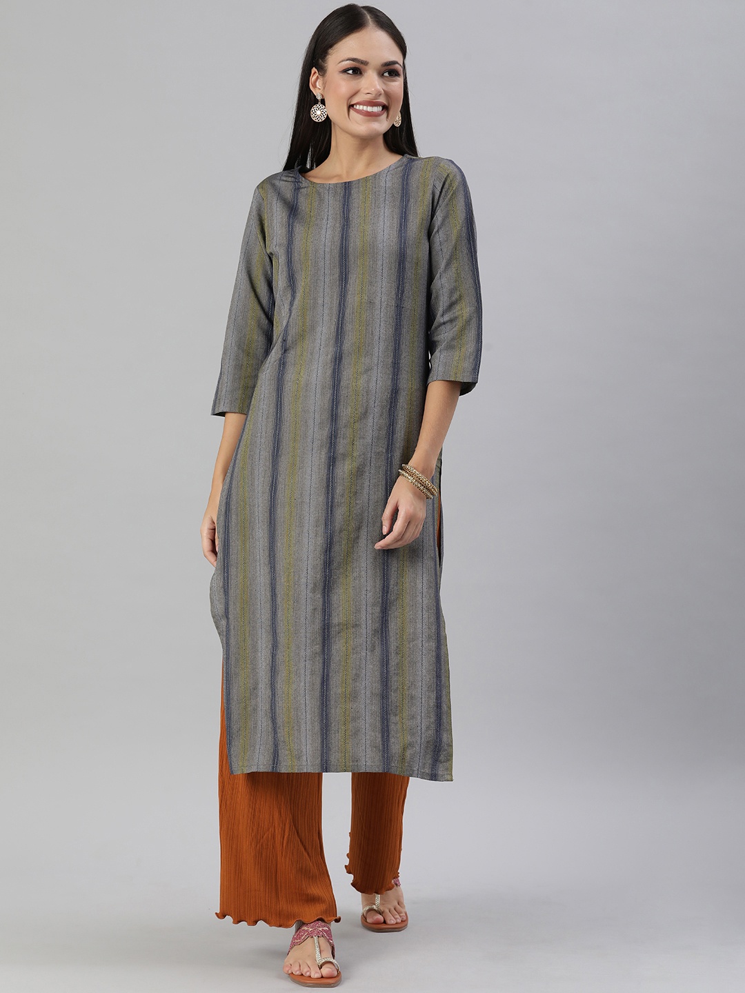 

KALINI Women Blue & Grey Striped Straight Kurta