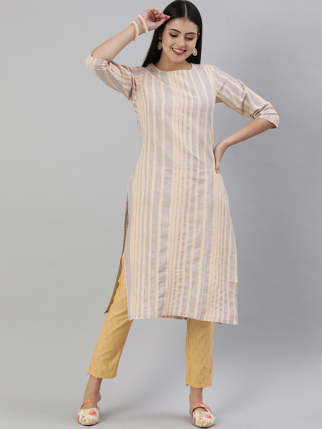 

KALINI Cream-Coloured & Grey Striped Kurti