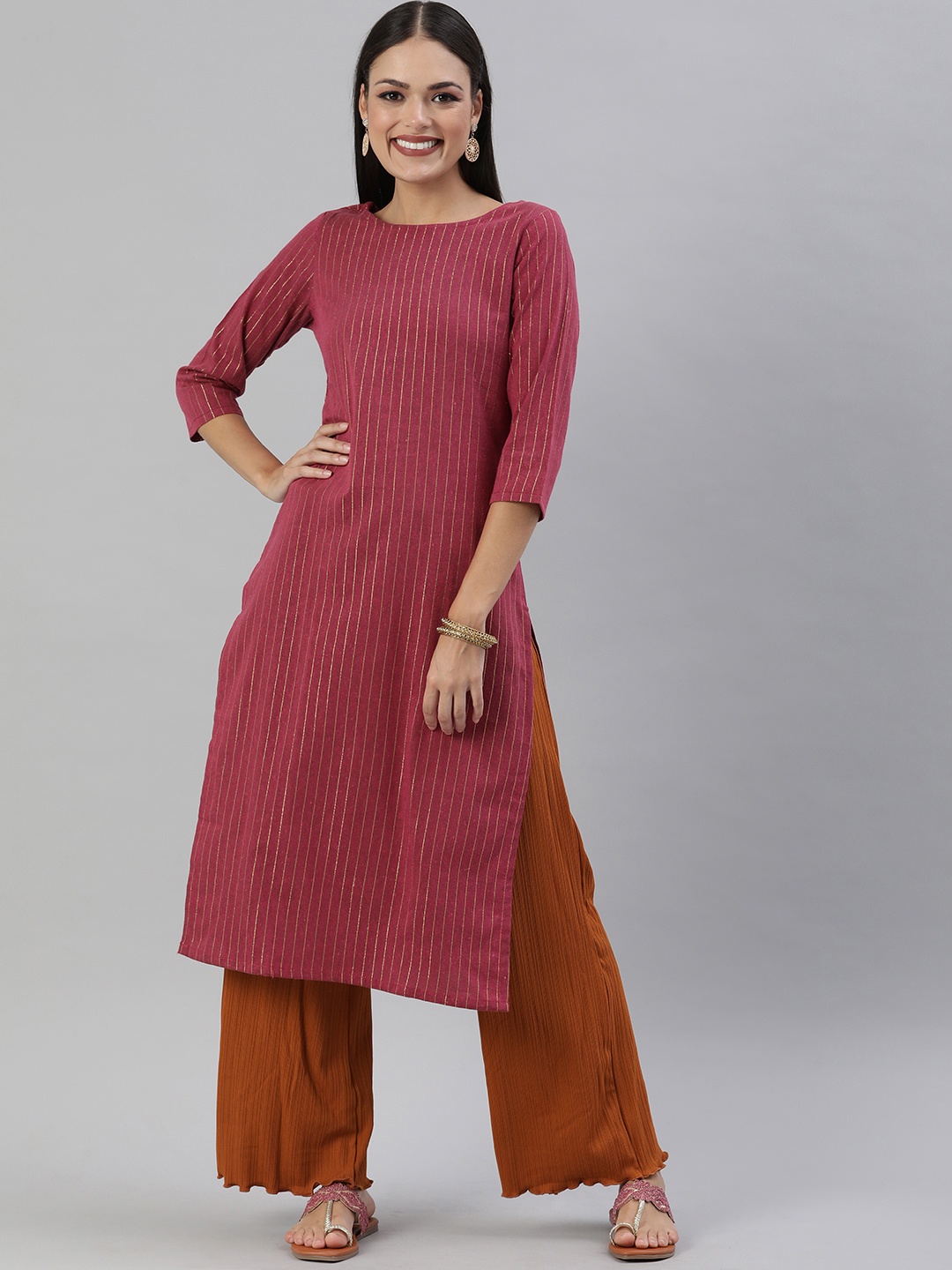 

KALINI Women Maroon & Beige Striped Straight Kurta