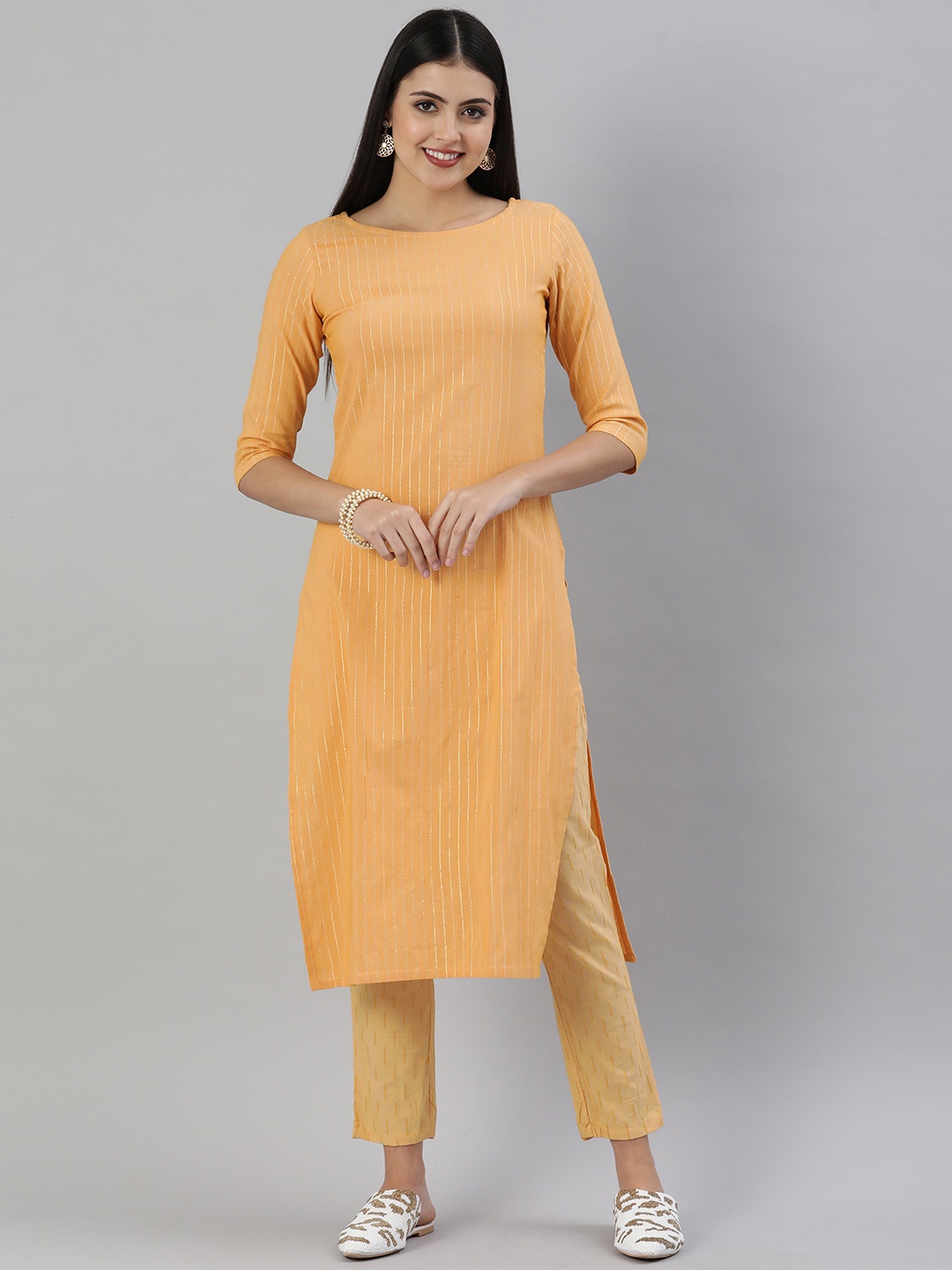 

KALINI Orange Striped Boat Neck Kurti
