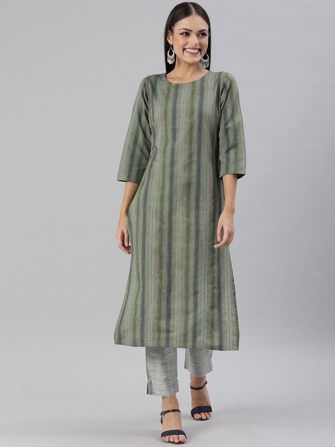 

KALINI Women Green Striped Straight Kurta