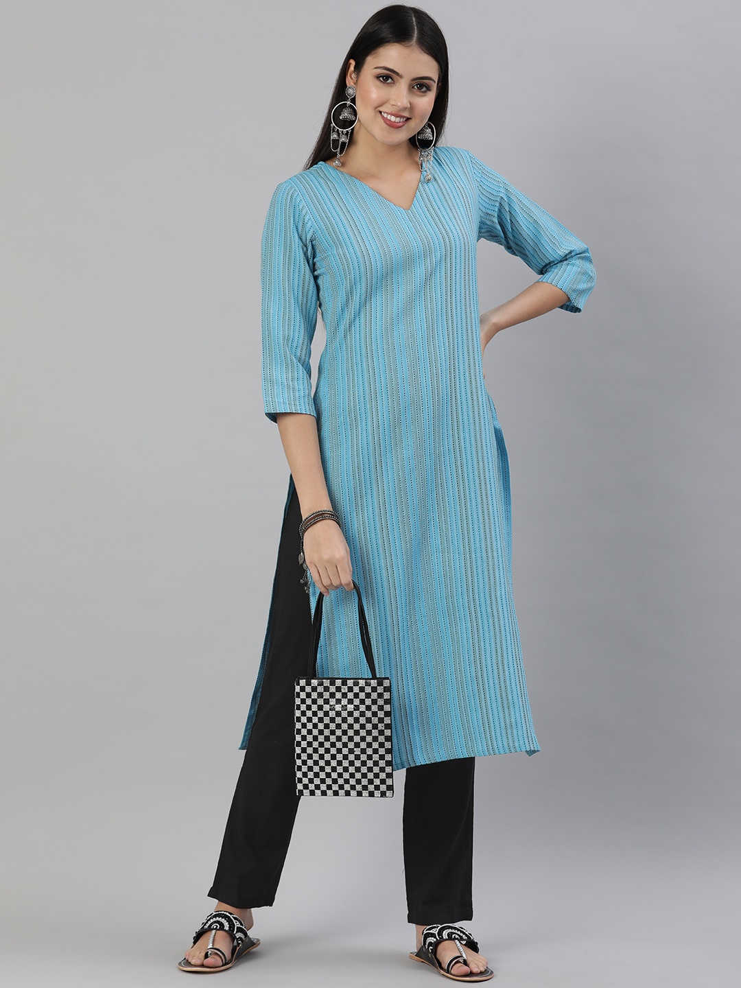 

KALINI Women Turquoise Blue & Grey Striped Kurta