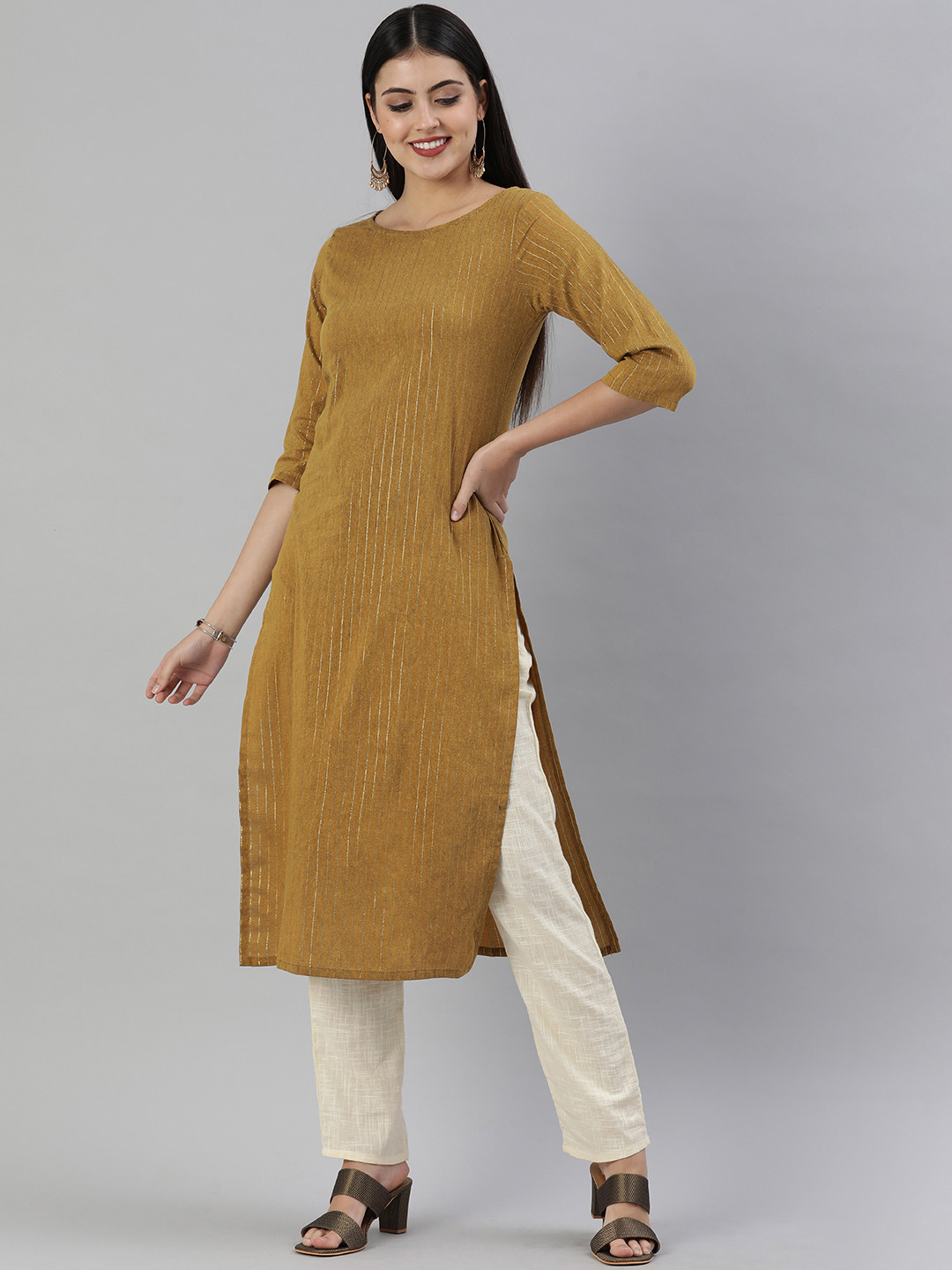 

KALINI Women Mustard Yellow & Beige Striped Straight Kurta