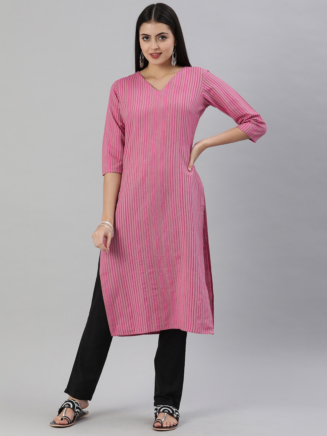 

KALINI Women Pink & Black Striped Kantha Work Straight Kurta